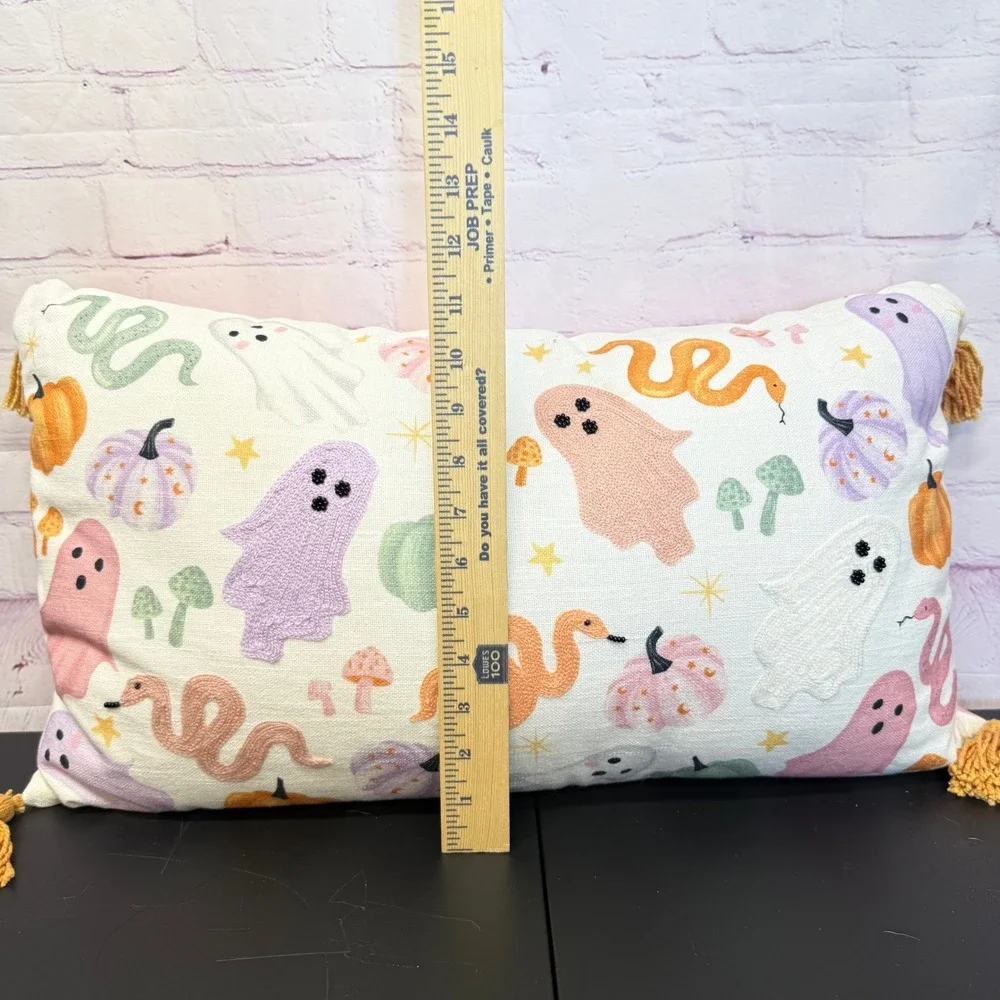 Pastel Halloween Embroidered Lumbar Pillow GhostSnake Pumpkin Tassel Decor 20x12